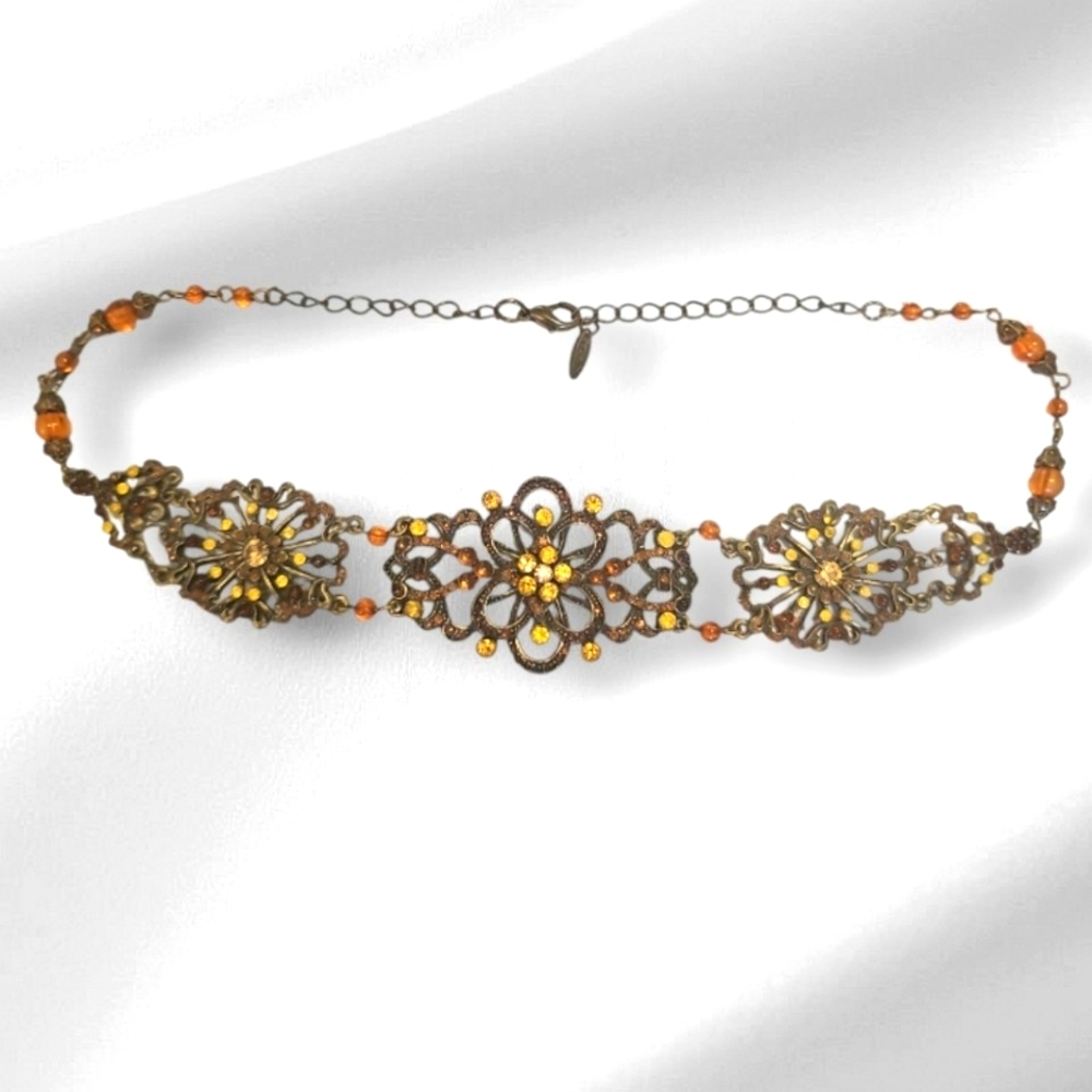 Rare Find, Engraved Signed VCLM Handcrafted Rhinestone & Amber Choker Necklace.